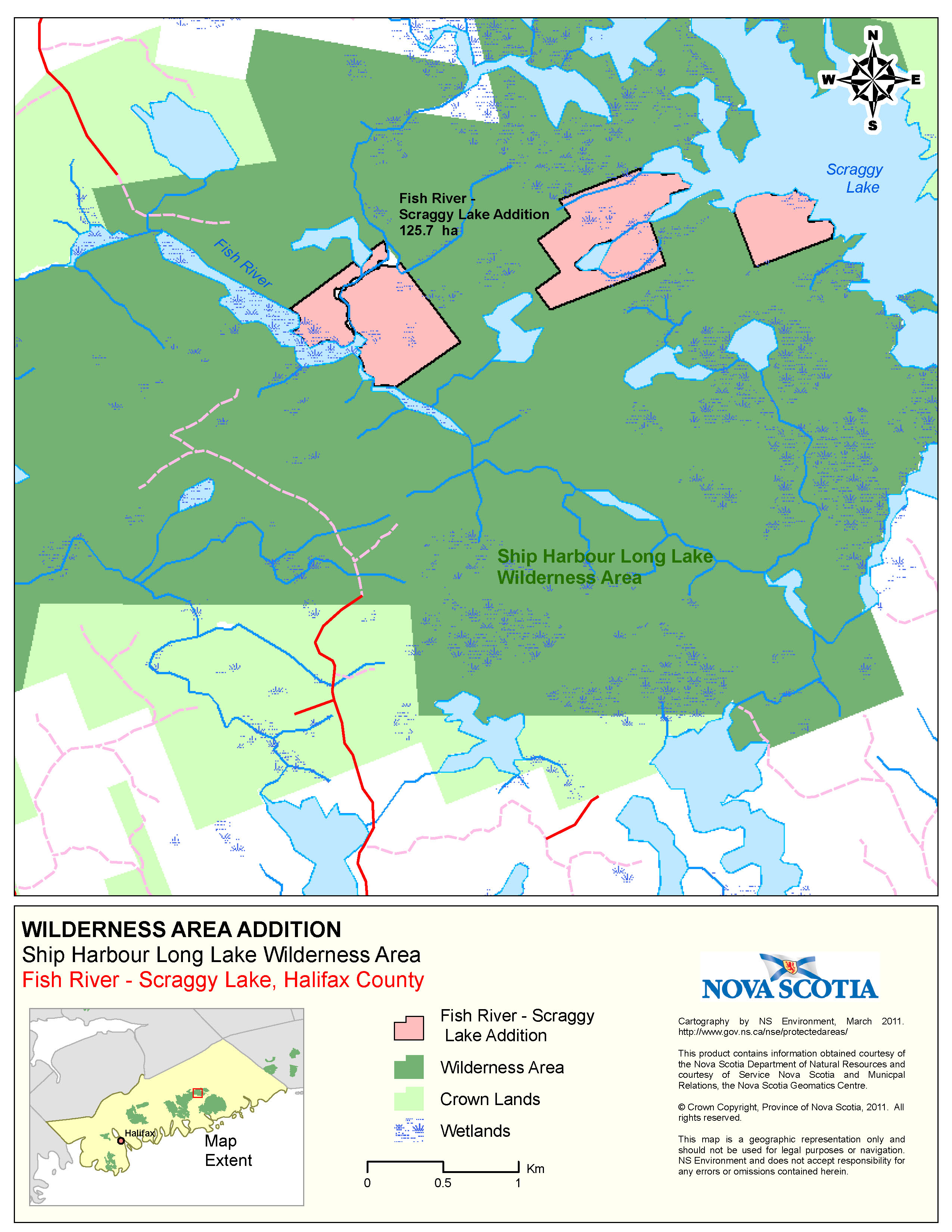Graphic showing map of Boundaries of Crown Land at  Fish River-Scraggy Lake,
Halifax County Addition to Ship Harbour Long Lake Wilderness Area